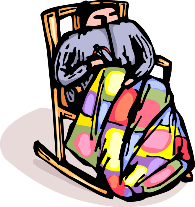 Vector Illustration of Grandmother Sews Patchwork Quilt in Rocking Chair