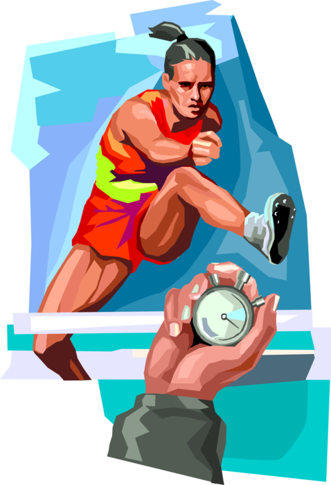 Vector Illustration of Track and Field Athletic Sport Contest Hurdler Runs Hurdles in Track Meet Competition with Hand Holding Stopwatch