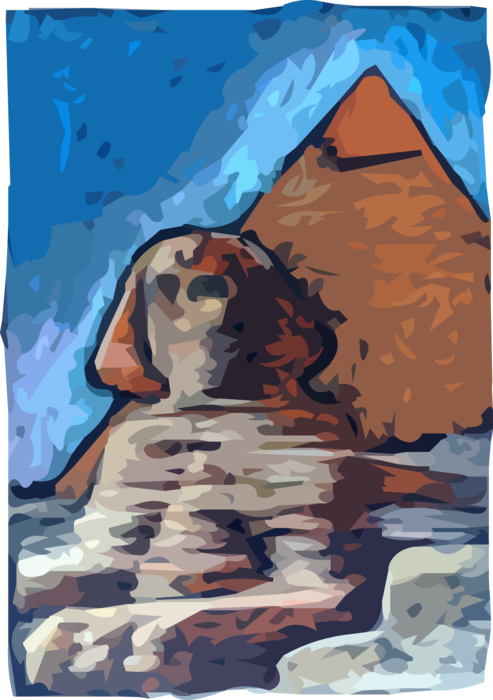 Vector Illustration of Mythical Creature Ancient Egyptian Sphinx and Pyramid of Khafre, Giza, Egypt