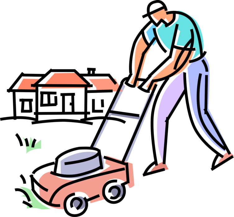 Vector Illustration of Lawn Care Worker Does Yard Work with Lawn Mower Cutting Grass