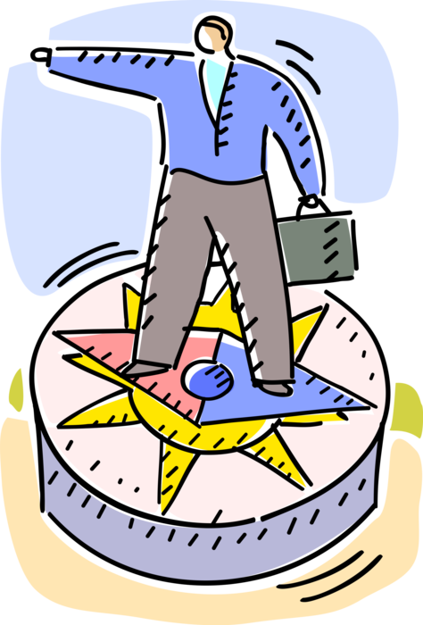 Vector Illustration of Businessman Sets Corporate Path and Direction with Magnetic Navigation Compass