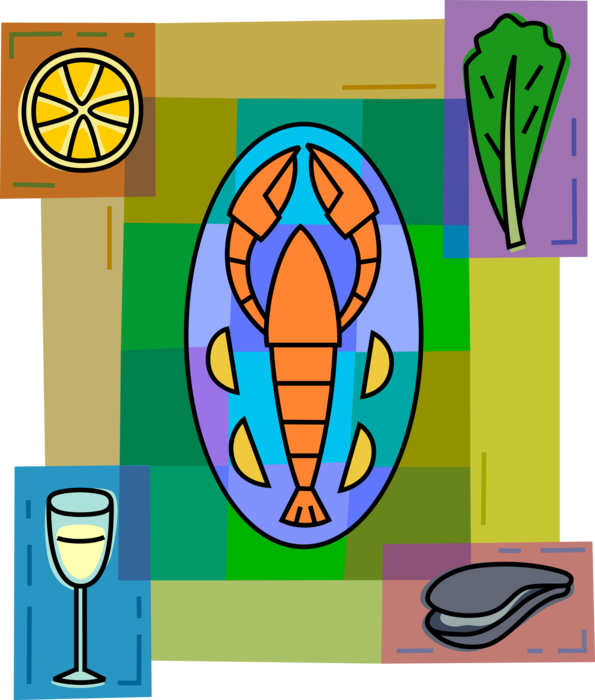 Vector Illustration of Clawed Lobster Shellfish Marine Crustacean Seafood with Wine, Clams and Lemon