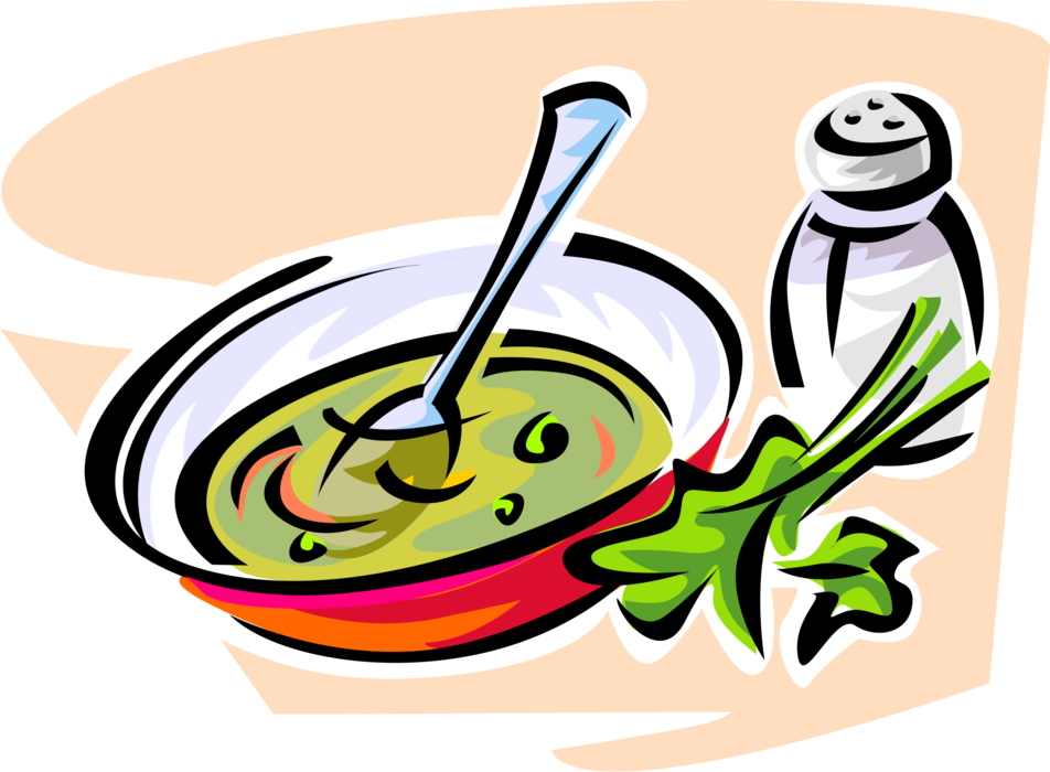 Vector Illustration of Bowl of Soup with Parsley and Salt Shaker