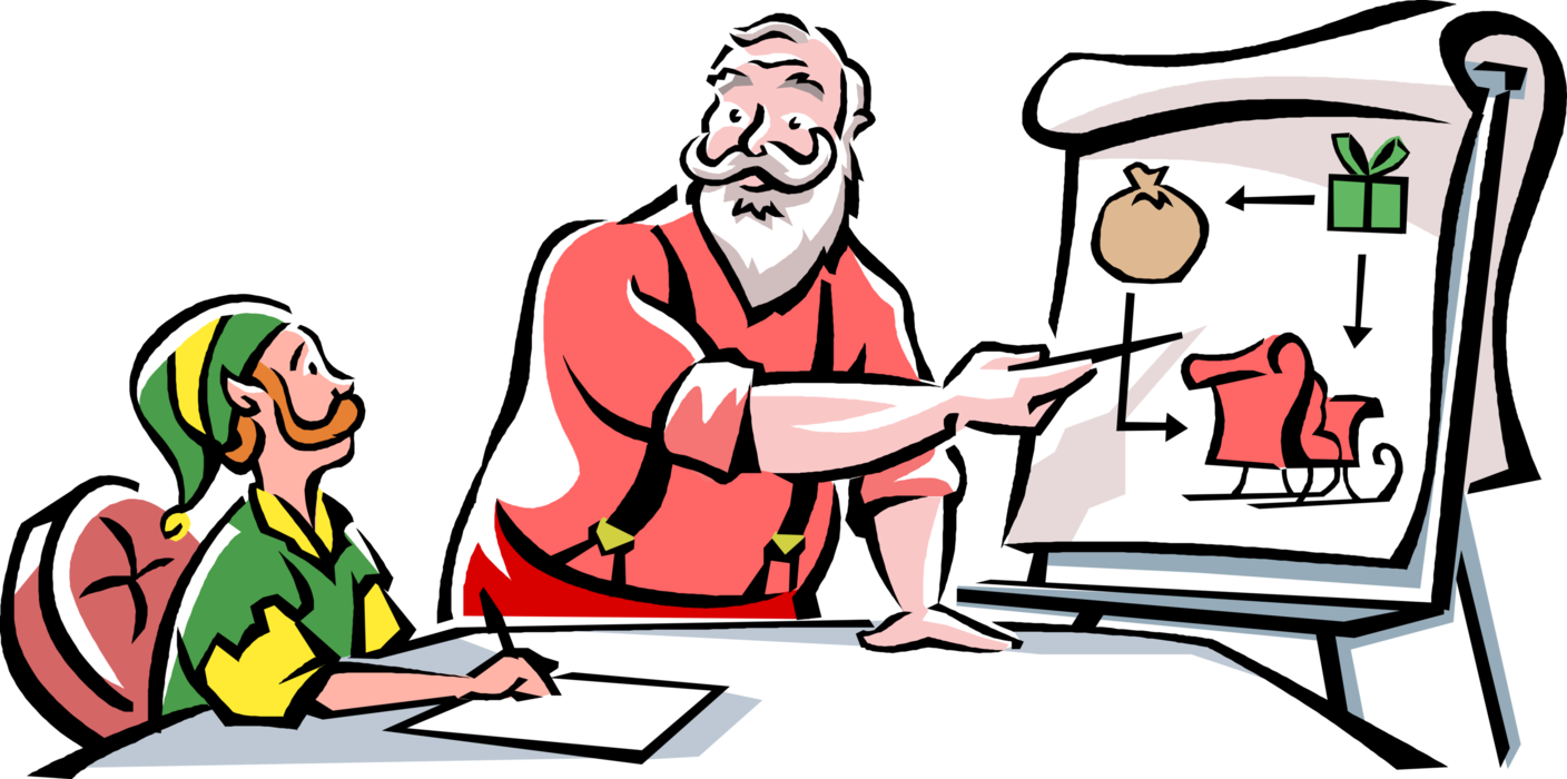 Vector Illustration of Santa Claus and Workshop Elves Review and Discuss Christmas Strategy
