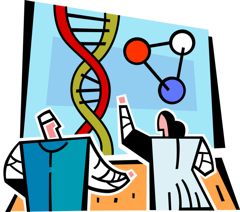 Vector Illustration of Geneticists Analyze Chromosomes and DNA Molecule Carrying Genetic Instructions