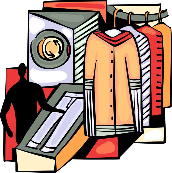 Vector Illustration of Clothing Apparel Clothes on Rack at Dry Cleaners with Worker Dry Cleaning Pants
