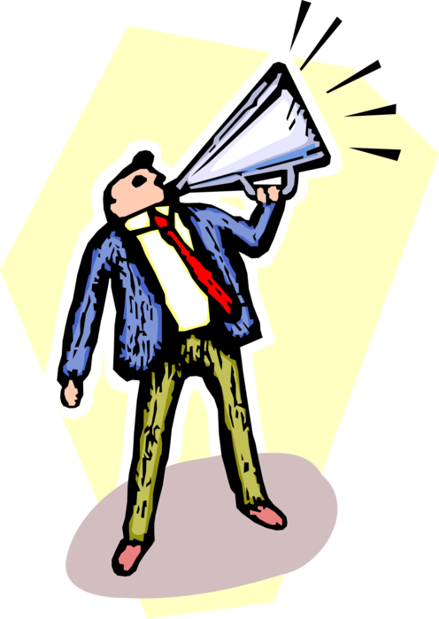 Vector Illustration of Businessman with Megaphone or Bullhorn to Amplify Voice Makes Loud Announcement
