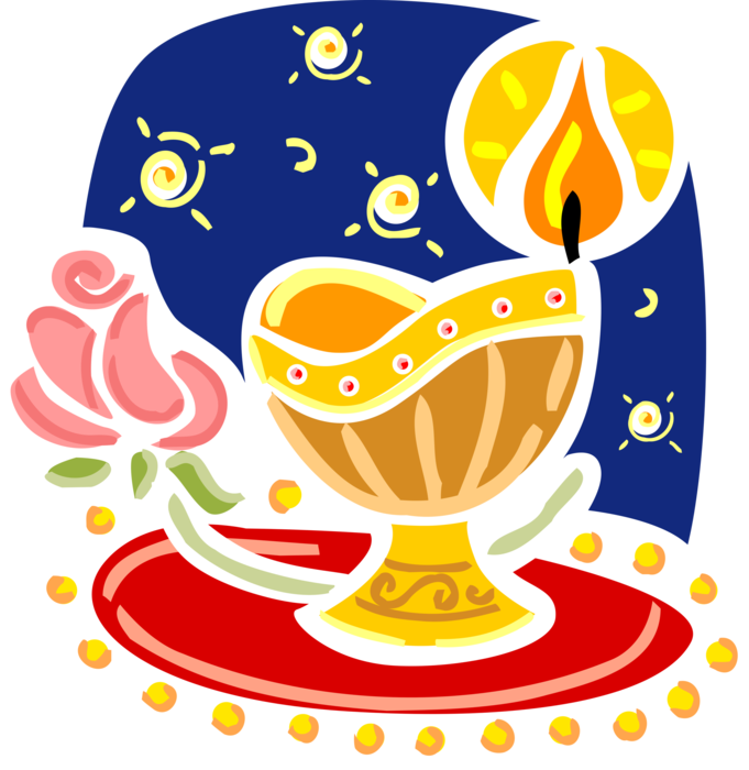 Vector Illustration of Hindu Diwali Festival of Lights Diya Oil Lamp with Burning Flame and Rose Flower in Hinduism