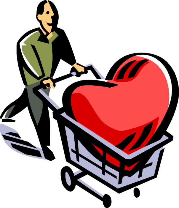 Vector Illustration of Romantic Amorous Man with Love Heart in Shopping Cart