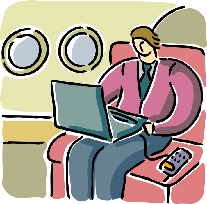 Vector Illustration of Businessman Traveler Commercial Airline Passenger in Jet Aircraft Airplane Works on Computer