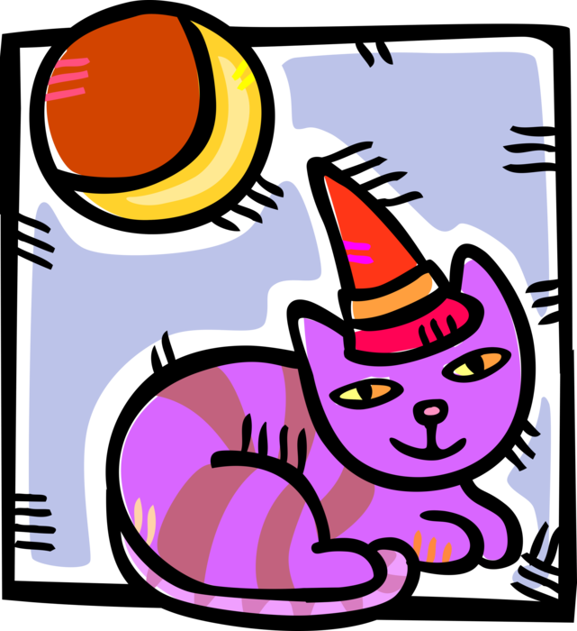 Vector Illustration of Party Animal Purple Cat Wears Party Hat