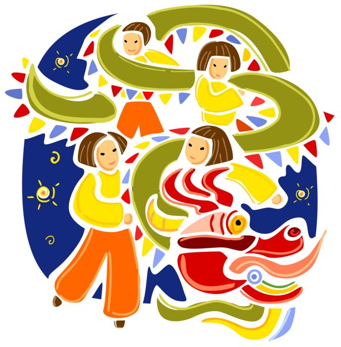 Vector Illustration of Chinese New Year Dragon Dance Festive Celebration with Children