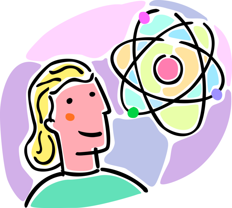 Vector Illustration of Science Student with Energy Atoms Circling Nucleus Symbol
