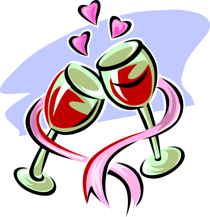 Vector Illustration of Glasses of Wine at Wedding Toast Expression of Honor and Goodwill with Love Hearts