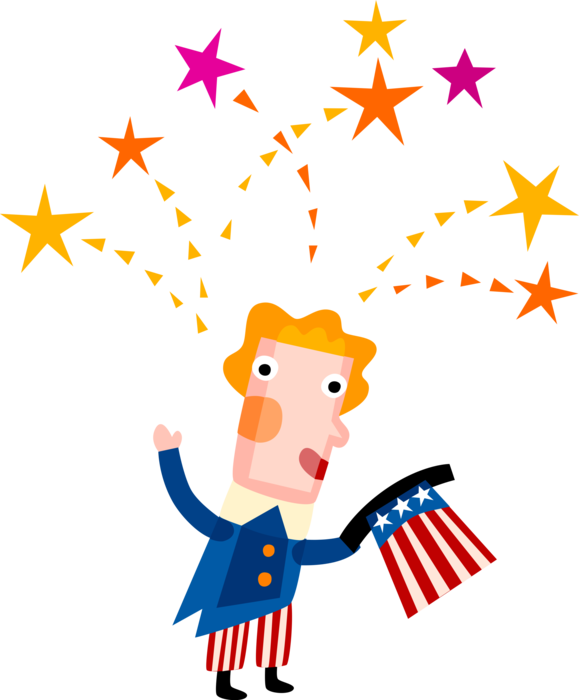 Vector Illustration of USA Independence Day 4th of July Uncle Sam National Personification of American Government with Fireworks
