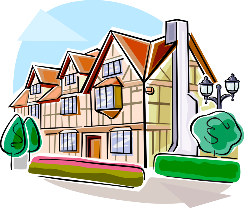 Vector Illustration of Stratford Upon Avon Tudor Style House Architecture, England, United Kingdom