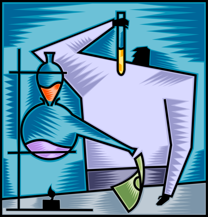 Vector Illustration of Businessman Chemist Formulates Chemical Compound Resulting in Corporate Financial Profits