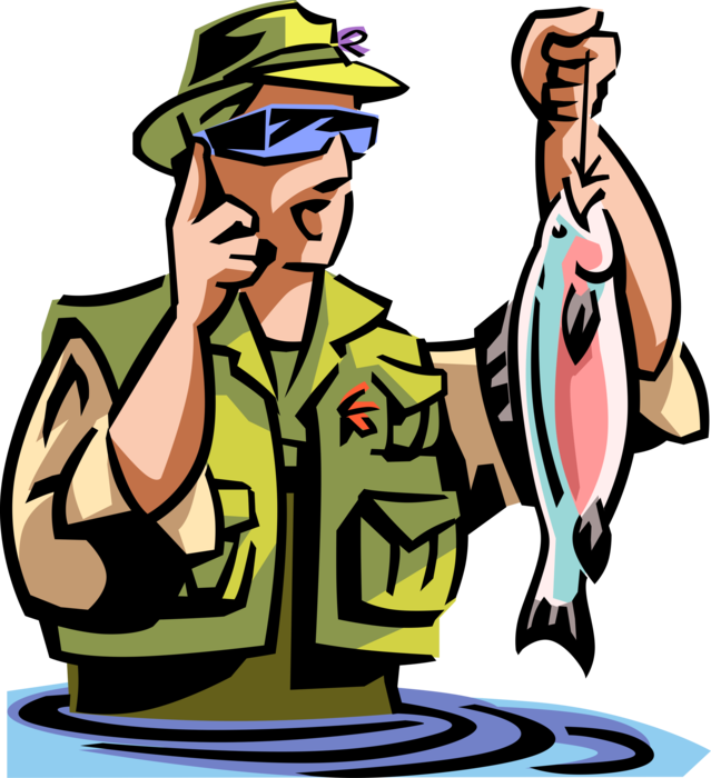 Vector Illustration of Sport Fisherman Angler with Fish and Bragging Rights Calls Jealous Friends at Work on Telephone