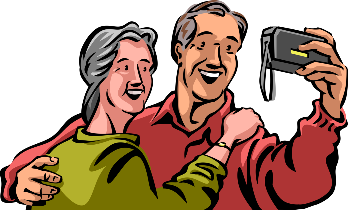 Vector Illustration of Retired Elderly Senior Citizen Couple Taking Selfie Picture with Digital Photography Camera