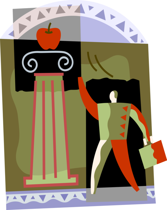 Vector Illustration of Reaching for Forbidden Apple Fruit on Pedestal Column