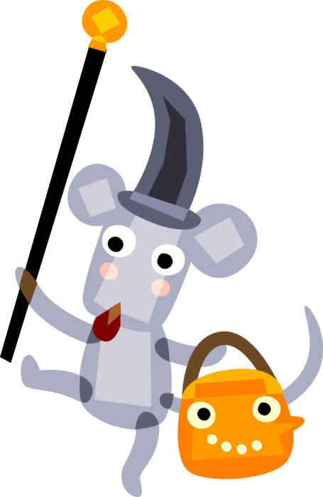 Vector Illustration of Halloween Trick or Treat Mouse with Witch's Hat and Jack-o'-Lantern Candy Bucket