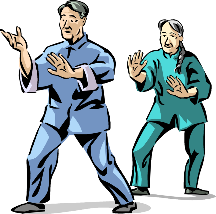 Vector Illustration of Retired Elderly Senior Citizens Seek Health Benefits and Greater Longevity Through Practice of Tai Chi