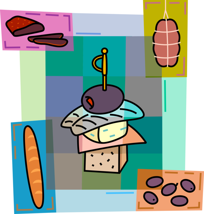 Vector Illustration of Hors D'Oeuvres Starter or Appetizer Finger Food Sandwich with Cold Cuts, Bread & Olives