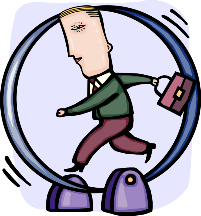 Vector Illustration of Businessman Stuck Running on Soulless Treadmill of Urban Existence Going Nowhere