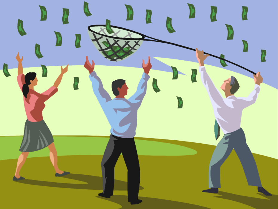 Vector Illustration of Businessman Catches Cash Money Dollar Bills with Butterfly Net