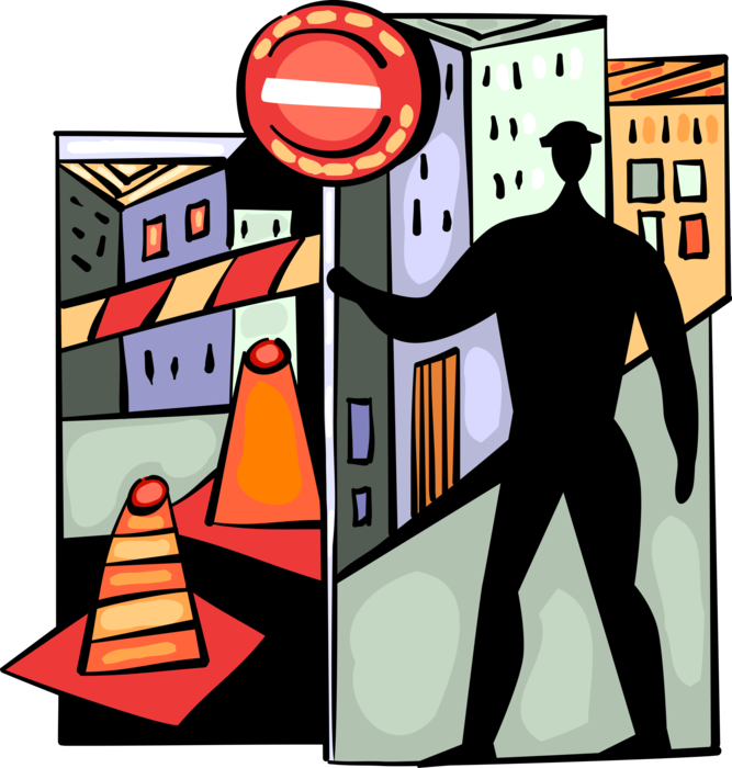 Vector Illustration of Construction Road Crew with Traffic Stop Sign on Street Road and Pylon Barriers