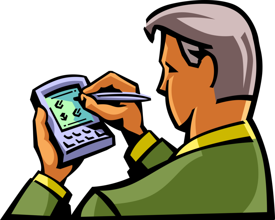 Vector Illustration of Businessman Works with Personal Digital Assistant Hand-Held Computing Device