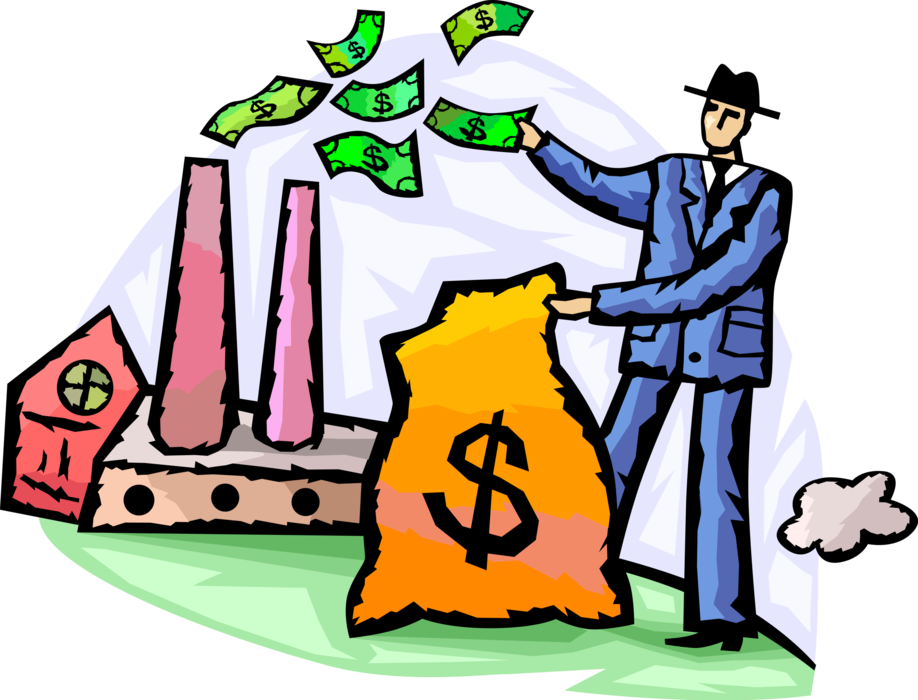 Vector Illustration of Businessman Deposits Industrial Manufacturing Factory Net Income Profit Money Dollars in Bank Bag