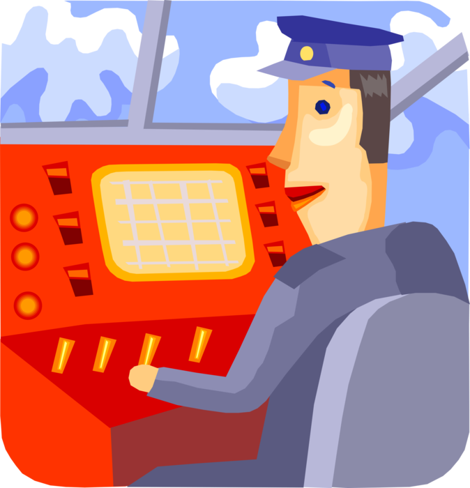 Vector Illustration of Commercial Airline Pilot in Aircraft Airplane Flight with Cockpit Instrument Panel