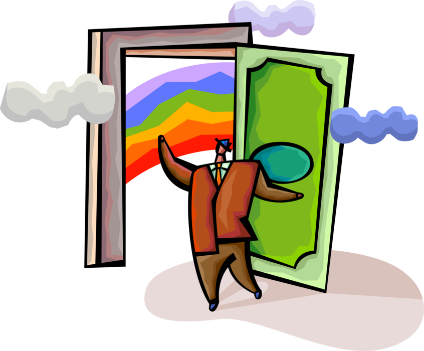 Vector Illustration of Businessman Opens Door of Financial Success with Lucky Rainbow