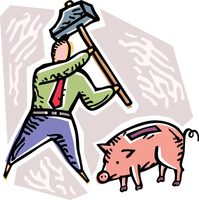 Vector Illustration of Businessman Smashes Piggy Bank Money Coin Container with Sledgehammer Hammer to Recover Savings