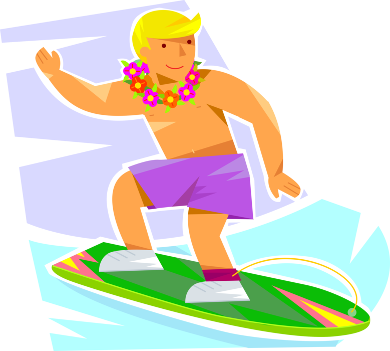 Vector Illustration of California Surfer Dude with Lei Garland Rides Waves on Surfboard While Surfing