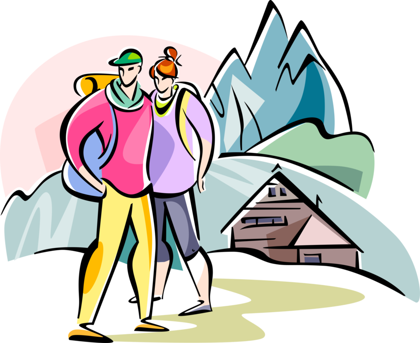 Vector Illustration of Mountaineering Mountain Hiker Climbers with Mountains and Chalet