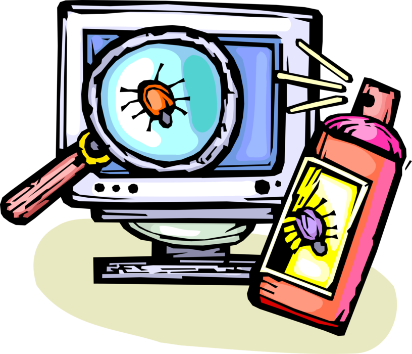 Vector Illustration of Computer Virus Malicious Malware Bug with Insect Repellent and Magnifying Glass
