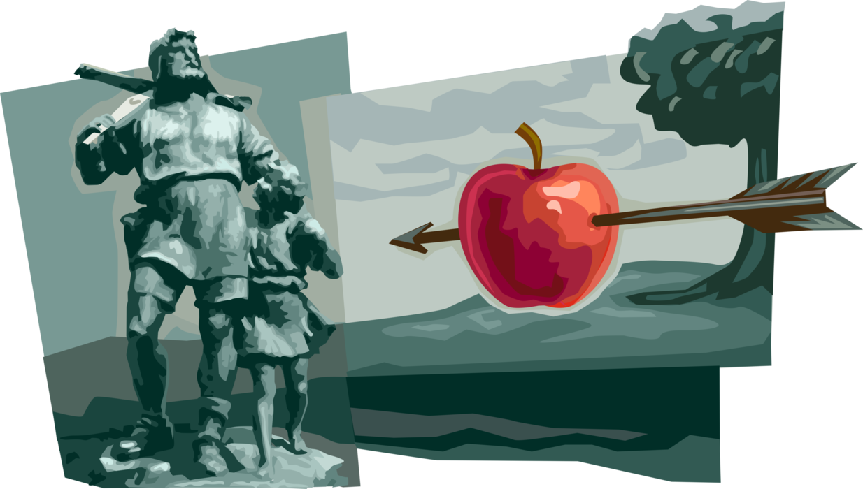 Vector Illustration of William Tell Swiss Folk Hero Shoots Archery Arrow Though Apple on Head