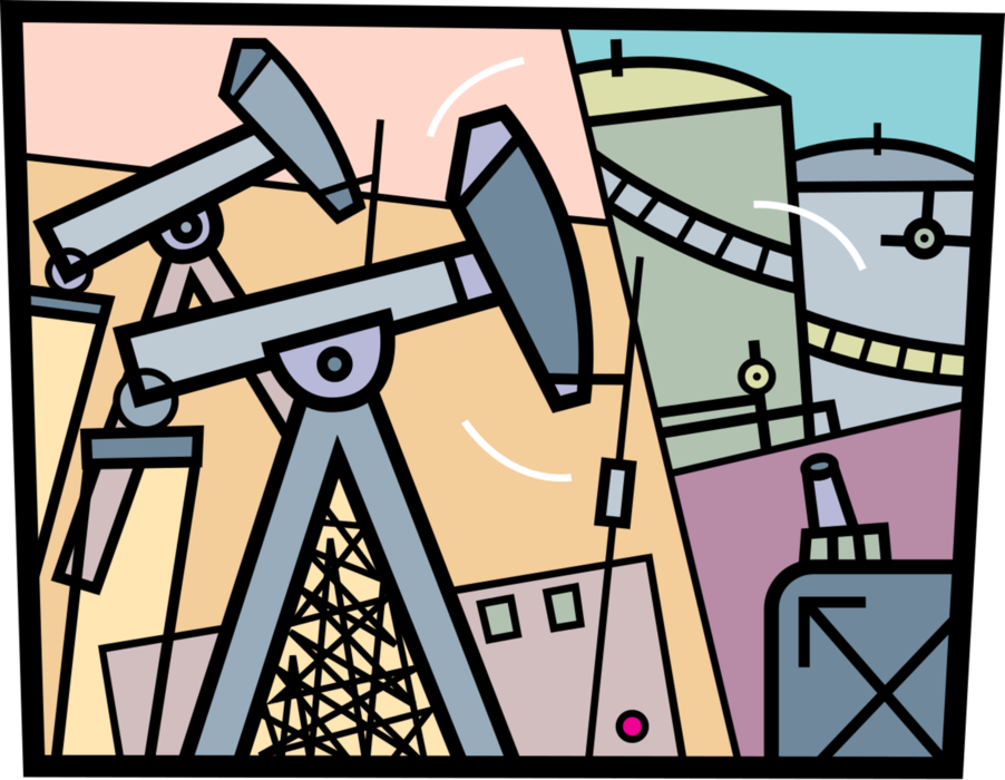 Vector Illustration of Oil Well Pumpjack Reciprocating Piston Pumps with Petroleum Refinery Storage Tanks and Jerry Can