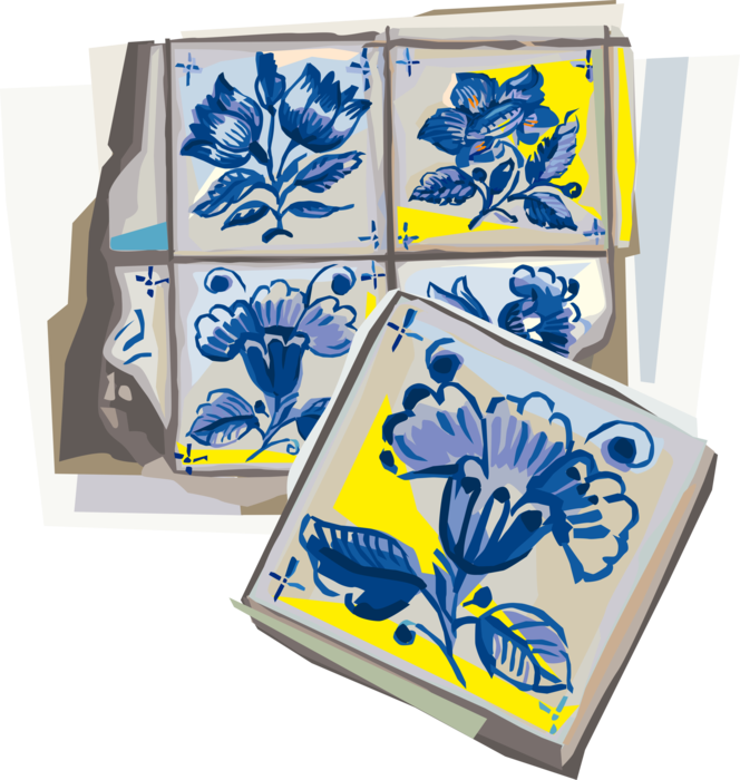 Vector Illustration of Portuguese Azulejo Painted Tin-Glazed Ceramic Tiles, Portugal