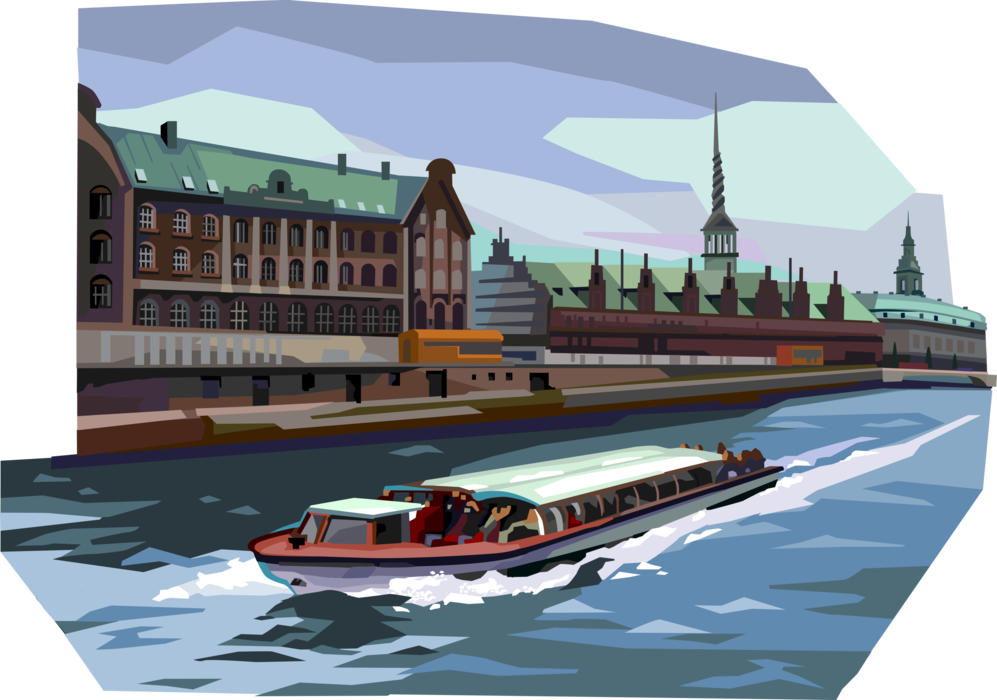 Vector Illustration of Danish Tourist Boat Passing Copenhagen Stock Exchange, Denmark