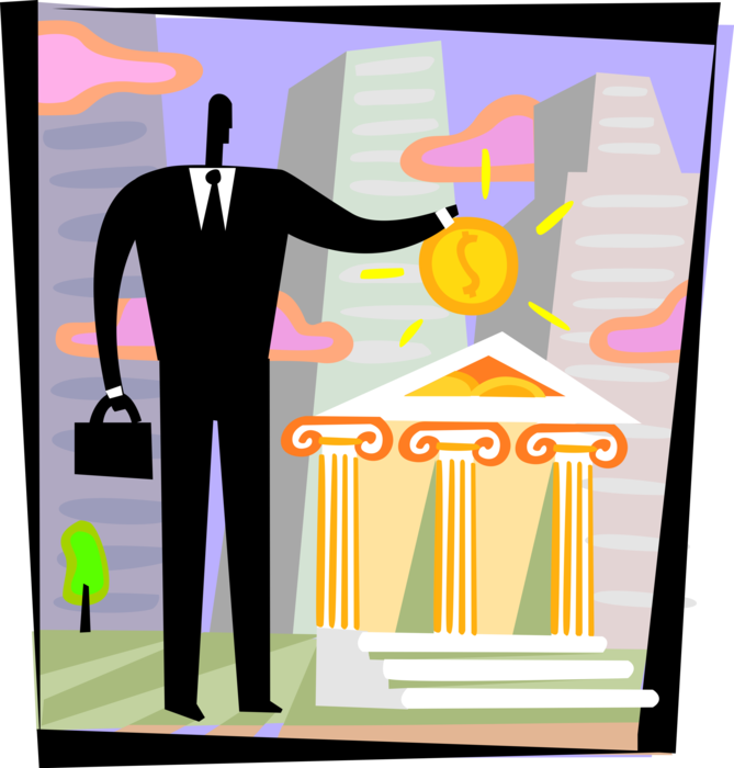 Vector Illustration of Businessman Investor Grows Investment Income with Financial Banking Bank in City