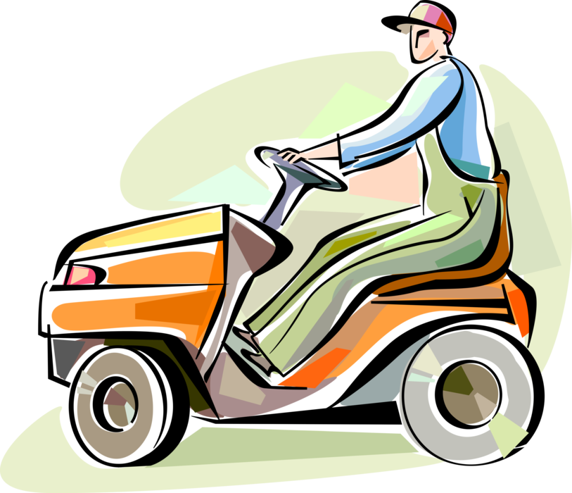 Vector Illustration of Lawn Care Worker Cuts Grass with Riding Lawn Mower