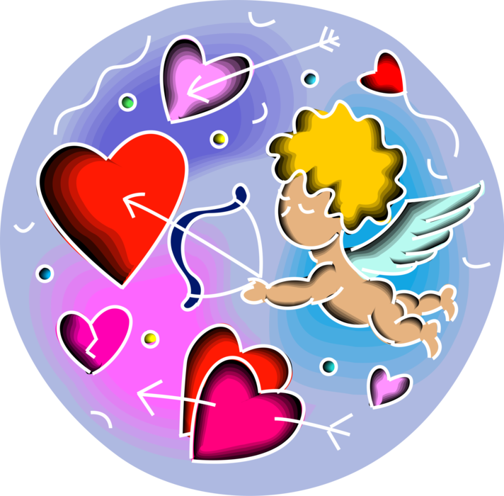 Vector Illustration of Cupid God of Desire and Erotic Love with Archery Bow and Arrow with Romantic Hearts