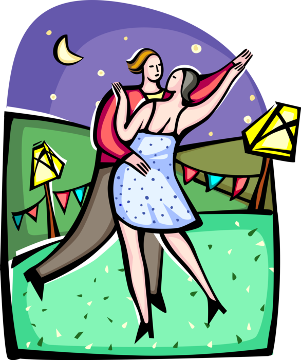 Vector Illustration of Ballroom Dancers Dancing Close Outdoors Under the Stars at Night