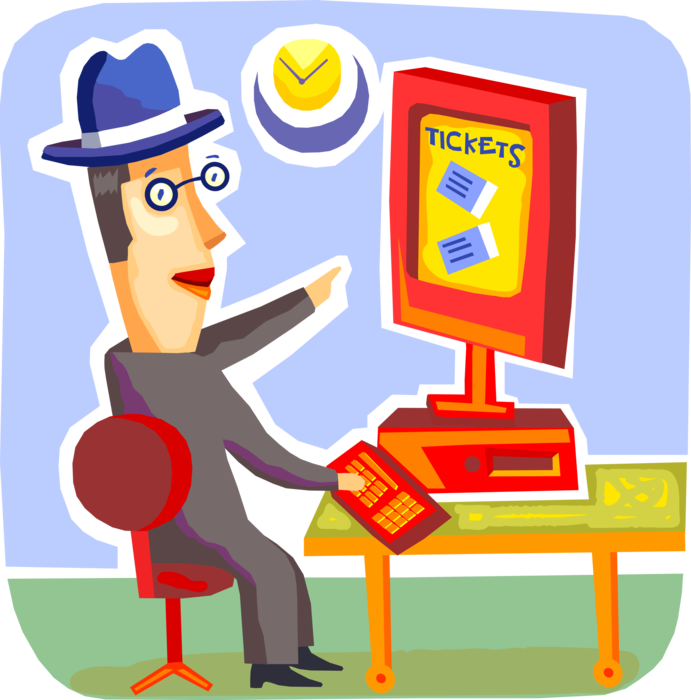 Vector Illustration of Businessman Accesses Internet to Purchases Concert Tickets Online from Office Computer