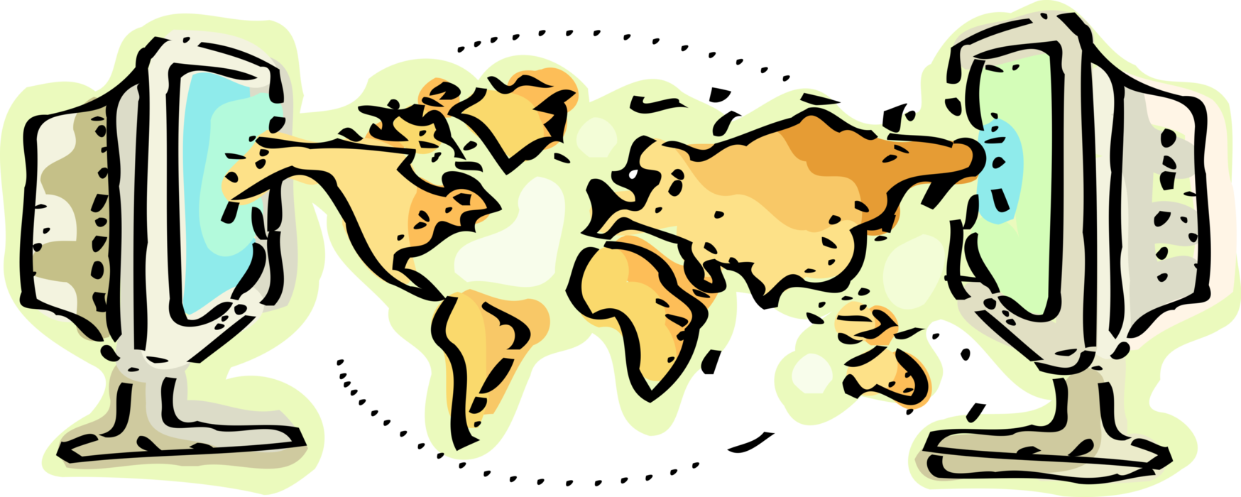 Vector Illustration of International Global Telecommunications Networked Computers with Planet Earth World