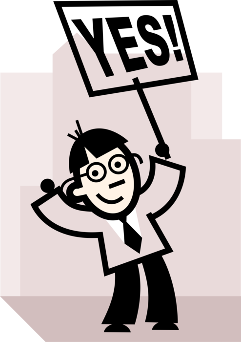 Vector Illustration of Overjoyed Protester Demonstrates with Yes Sign Placard in Demonstration