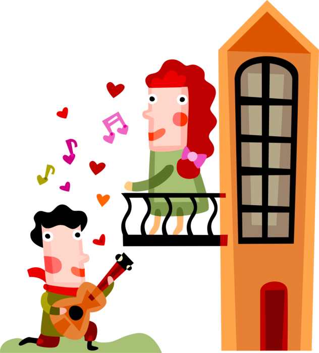 Vector Illustration of Star-Crossed Lovers Romeo Serenades Juliet in Romantic Serenade with Juliet on Balcony